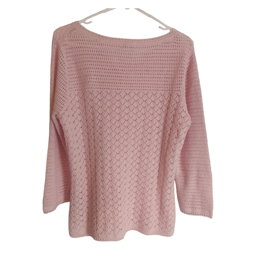 LL Bean Baby Pink Crochet 3/4 Sleeve Cardigan Linen/Cotton Size M EUC - Picture 2 of 6